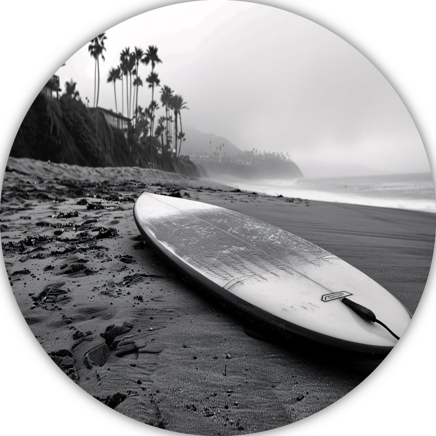 Surfplank en palmbomen op mistig strand forex muurcirkel