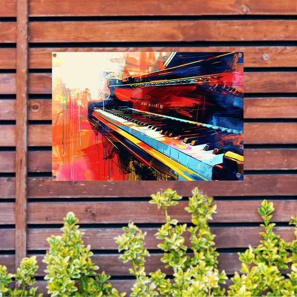 Abstracte kleurrijke piano in beweging   tuinposter