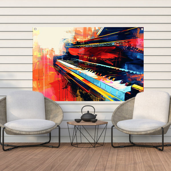 Abstracte kleurrijke piano in beweging   tuinposter