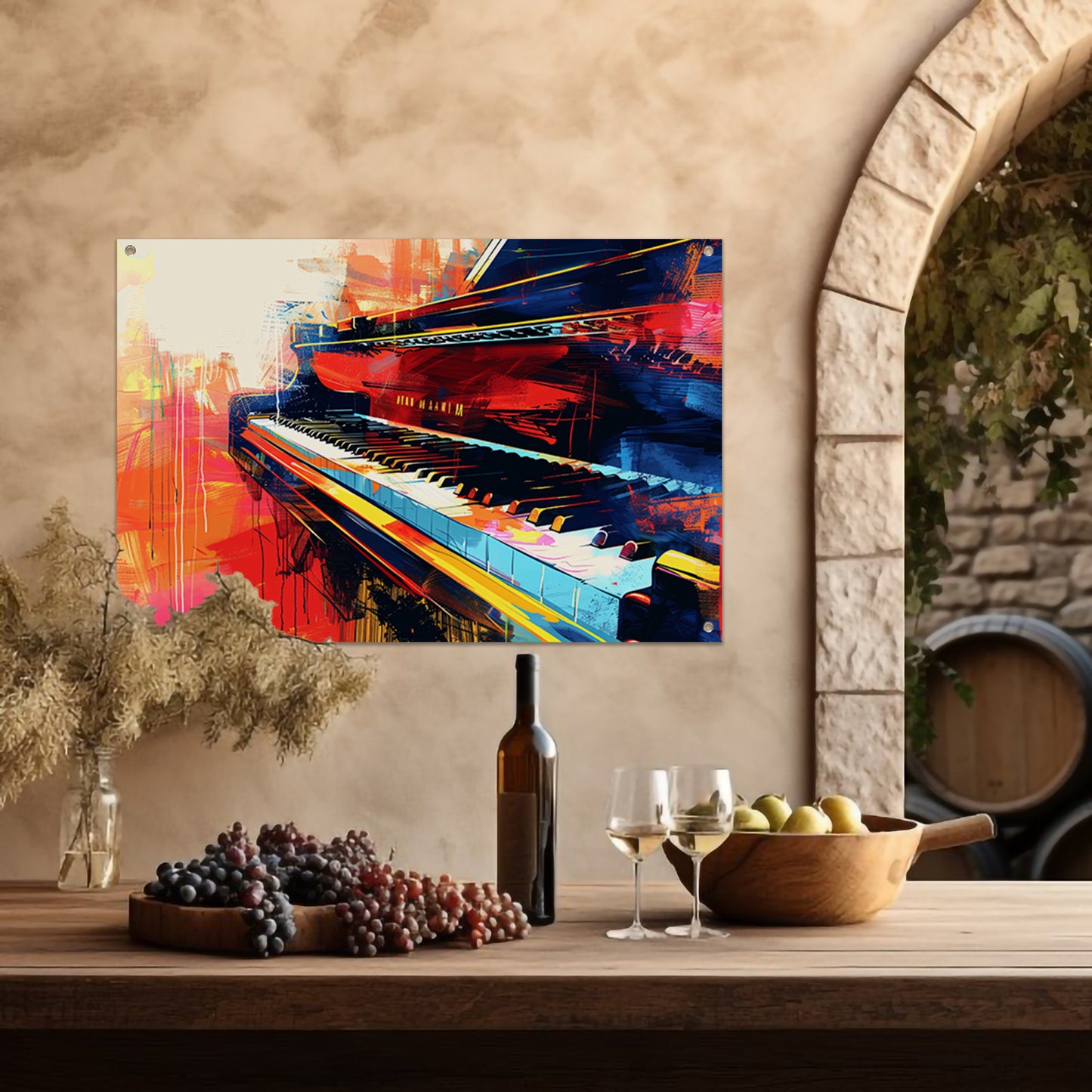 Abstracte kleurrijke piano in beweging   tuinposter