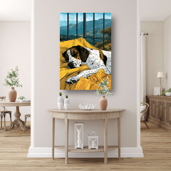 Slapende hond met berglandschap poster