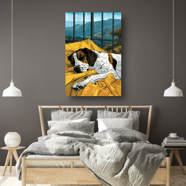 Slapende hond met berglandschap poster