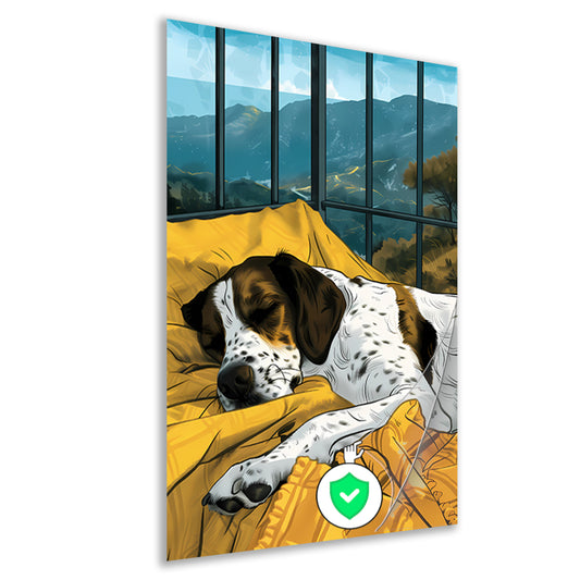Slapende hond met berglandschap poster