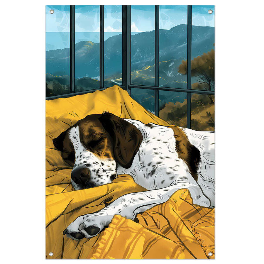 Slapende hond met berglandschap tuinposter