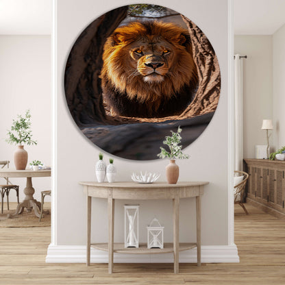 Portret van een Leeuw in een Boom aluminium muurcirkel