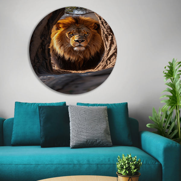 Portret van een Leeuw in een Boom aluminium muurcirkel