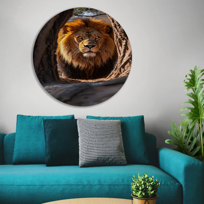 Portret van een Leeuw in een Boom aluminium muurcirkel