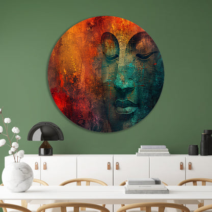 Mysterieus Boeddha portret met kleurrijke texturen aluminium muurcirkel
