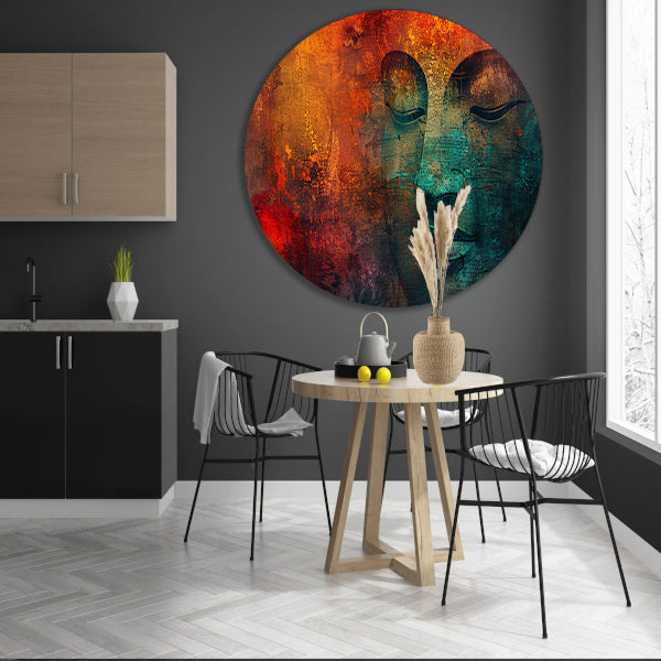 Mysterieus Boeddha portret met kleurrijke texturen aluminium muurcirkel