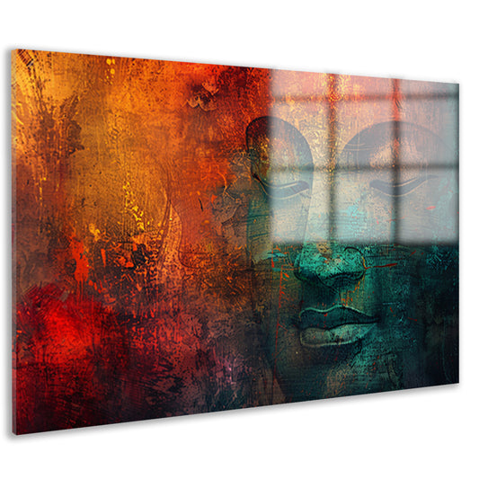 Mysterieus Boeddha portret met kleurrijke texturen acrylglas