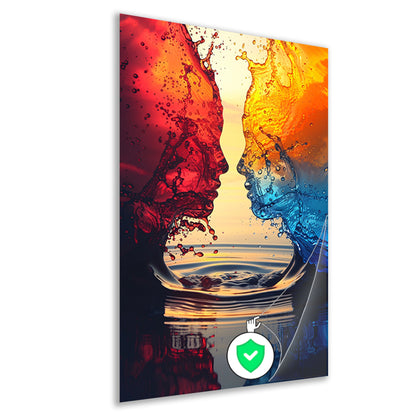 Twee Abstract Gezichten in een Kleurrijk Omhelzing poster