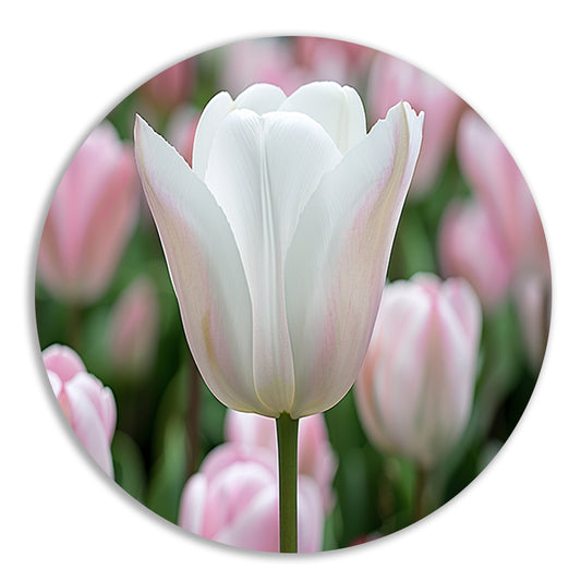 Witte tulp omringd door zachte kleuren   aluminium muurcirkel