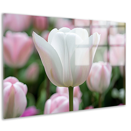 Witte tulp omringd door zachte kleuren   acrylglas