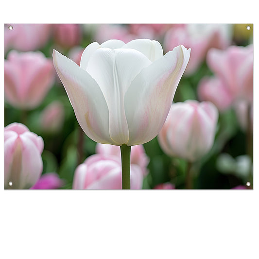 Witte tulp omringd door zachte kleuren   tuinposter