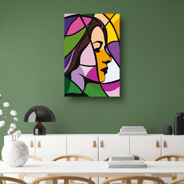 Abstract kleurrijk portret van een vrouw canvas met baklijst