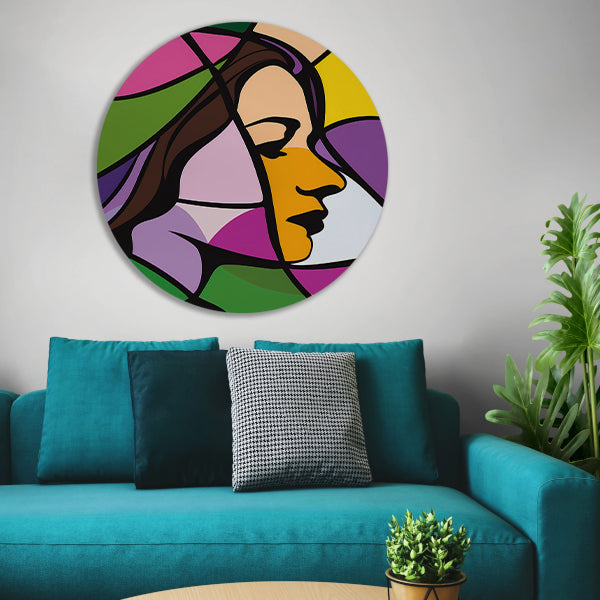 Abstract kleurrijk portret van een vrouw aluminium muurcirkel