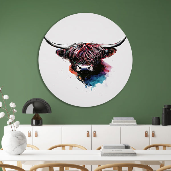 Moderne waterverfstijl Schotse hooglander met kleur forex muurcirkel