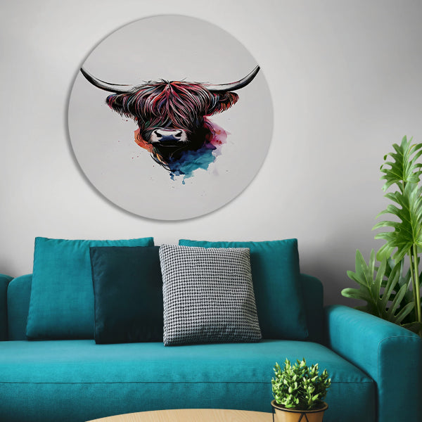 Moderne waterverfstijl Schotse hooglander met kleur aluminium muurcirkel