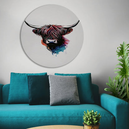 Moderne waterverfstijl Schotse hooglander met kleur aluminium muurcirkel
