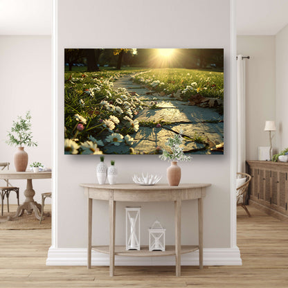 Bloemen onder zonlicht op padposter