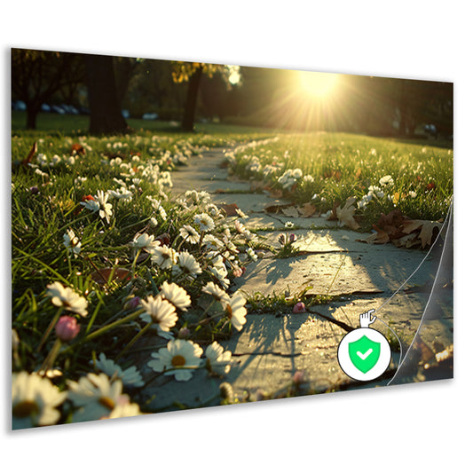 Bloemen onder zonlicht op padposter