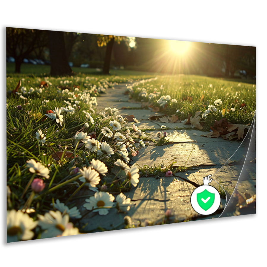 Bloemen onder zonlicht op padposter