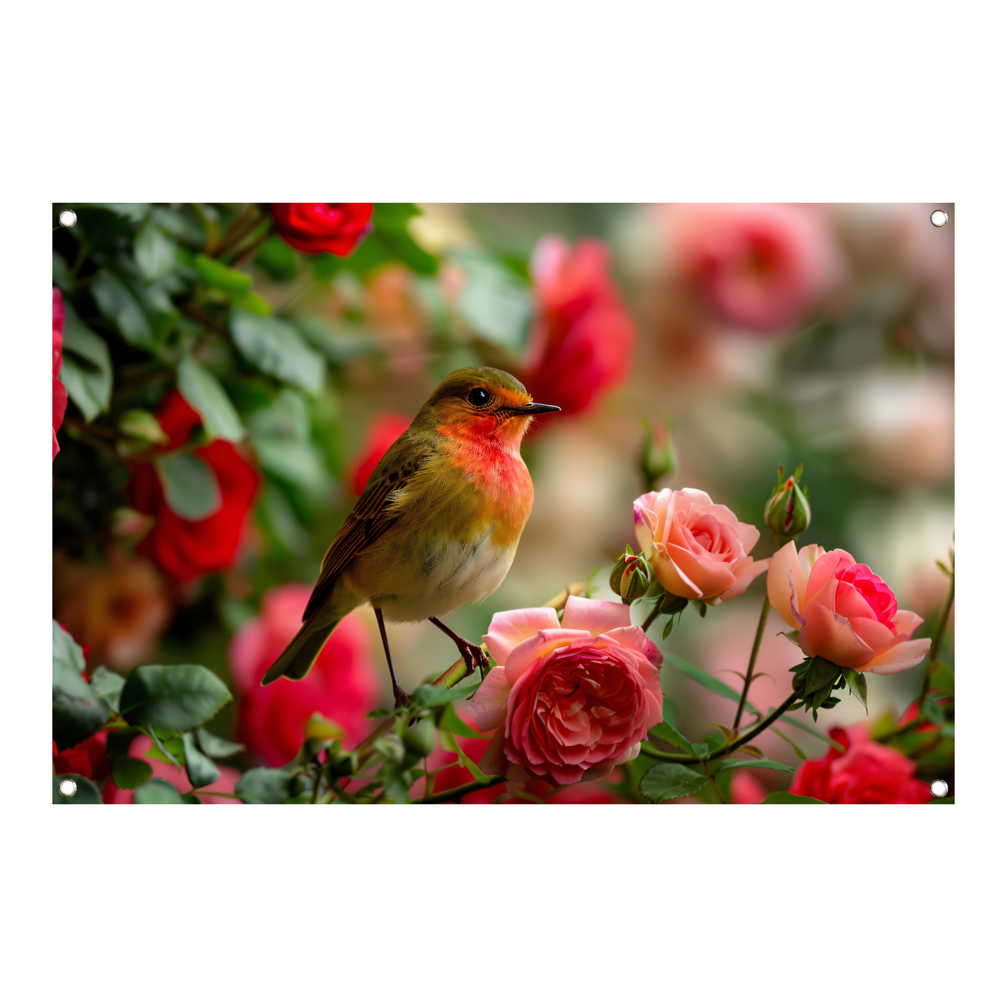 Elegante vogel rustend tussen roze rozen tuinposter