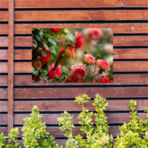 Elegante vogel rustend tussen roze rozen tuinposter
