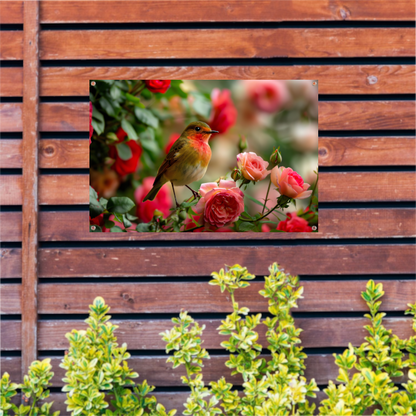 Elegante vogel rustend tussen roze rozen tuinposter