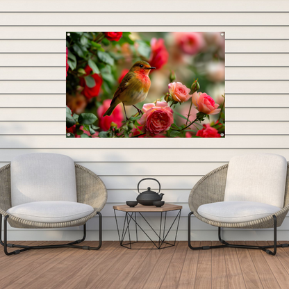 Elegante vogel rustend tussen roze rozen tuinposter
