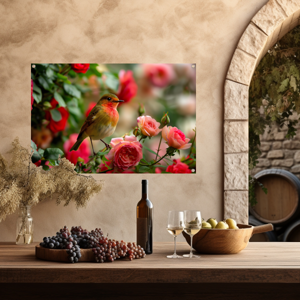 Elegante vogel rustend tussen roze rozen tuinposter