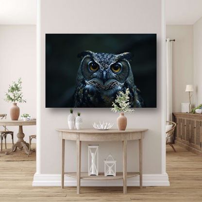 Nachtuil met doordringende gele ogen canvas met baklijst