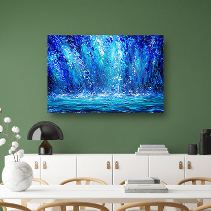 Dynamische abstracte waterval in blauwe tinten canvas met baklijst