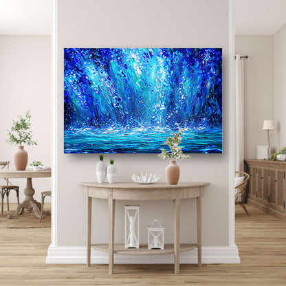 Dynamische abstracte waterval in blauwe tinten acrylglas