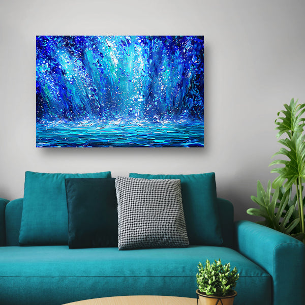 Dynamische abstracte waterval in blauwe tinten canvas met baklijst