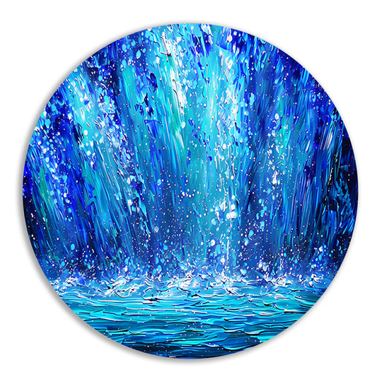 Dynamische abstracte waterval in blauwe tinten aluminium muurcirkel
