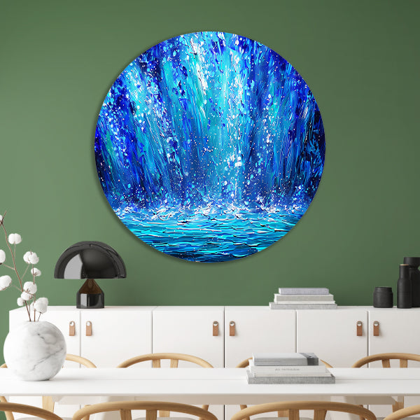 Dynamische abstracte waterval in blauwe tinten aluminium muurcirkel
