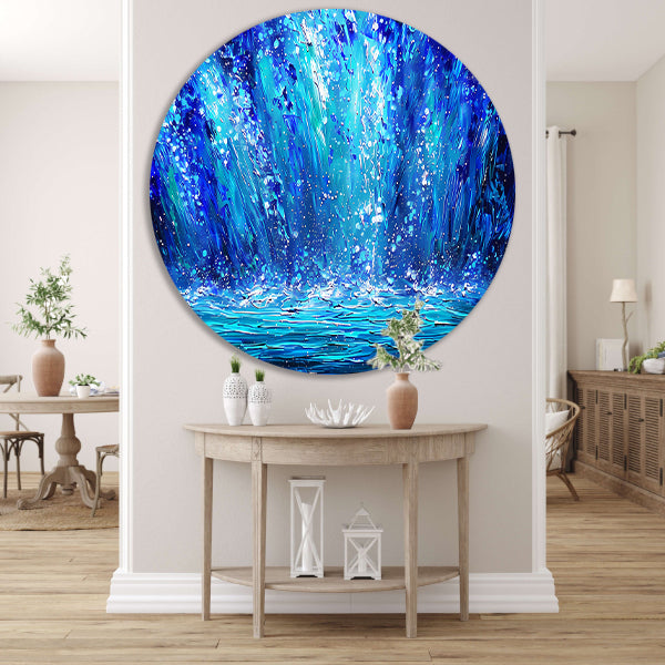 Dynamische abstracte waterval in blauwe tinten aluminium muurcirkel