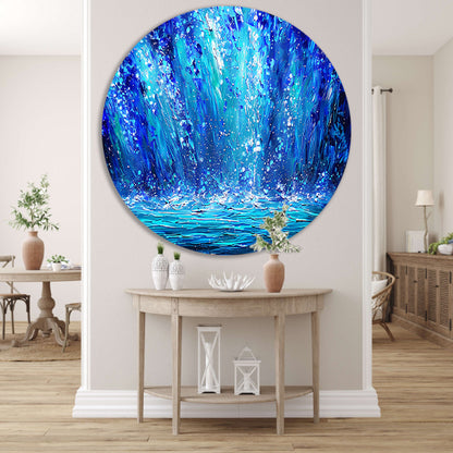 Dynamische abstracte waterval in blauwe tinten aluminium muurcirkel