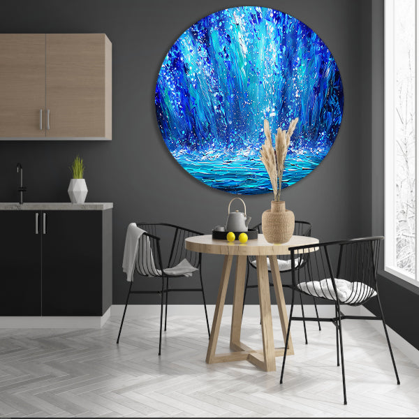 Dynamische abstracte waterval in blauwe tinten aluminium muurcirkel