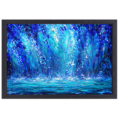 Dynamische abstracte waterval in blauwe tinten canvas met baklijst