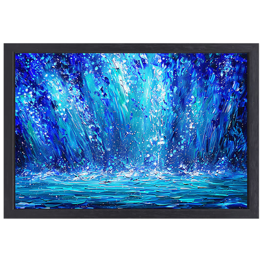 Dynamische abstracte waterval in blauwe tinten canvas met baklijst