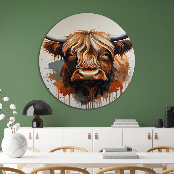 Abstracte Highland Koe in Kleurrijke Stijl aluminium muurcirkel