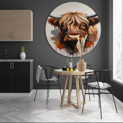 Abstracte Highland Koe in Kleurrijke Stijl aluminium muurcirkel