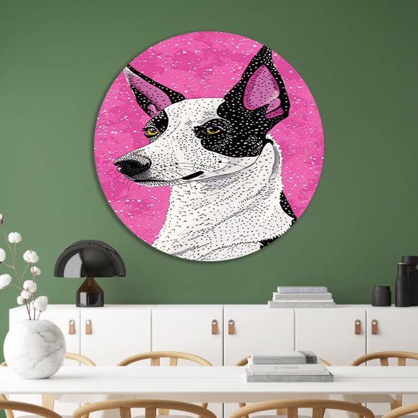 Moderne kleurrijke hond in popart-stijl aluminium muurcirkel