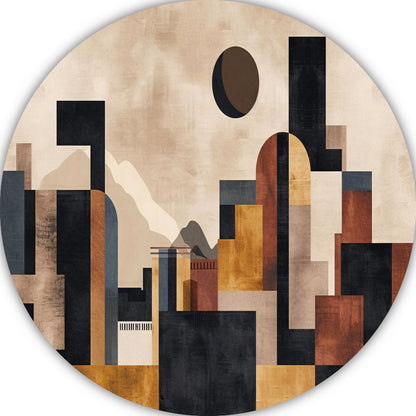 Geometrische Abstracte Skyline in Bruin en Goud aluminium muurcirkel