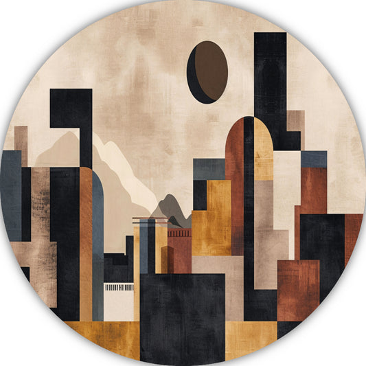 Geometrische Abstracte Skyline in Bruin en Goud aluminium muurcirkel