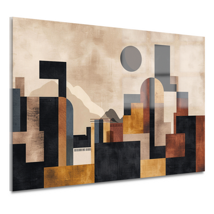 Geometrische Abstracte Skyline in Bruin en Goud acrylglas