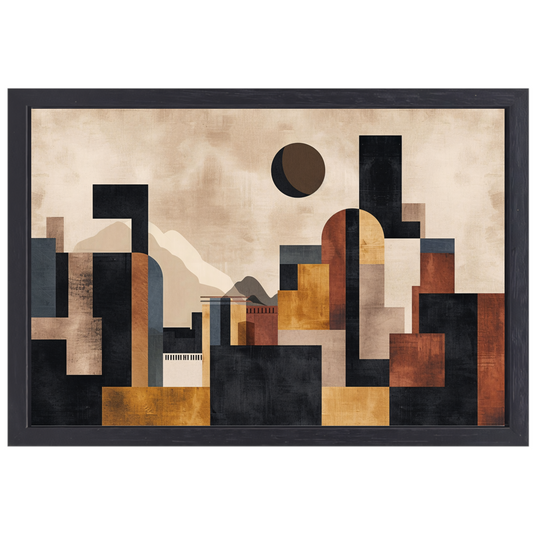Geometrische Abstracte Skyline in Bruin en Goud canvas met baklijst