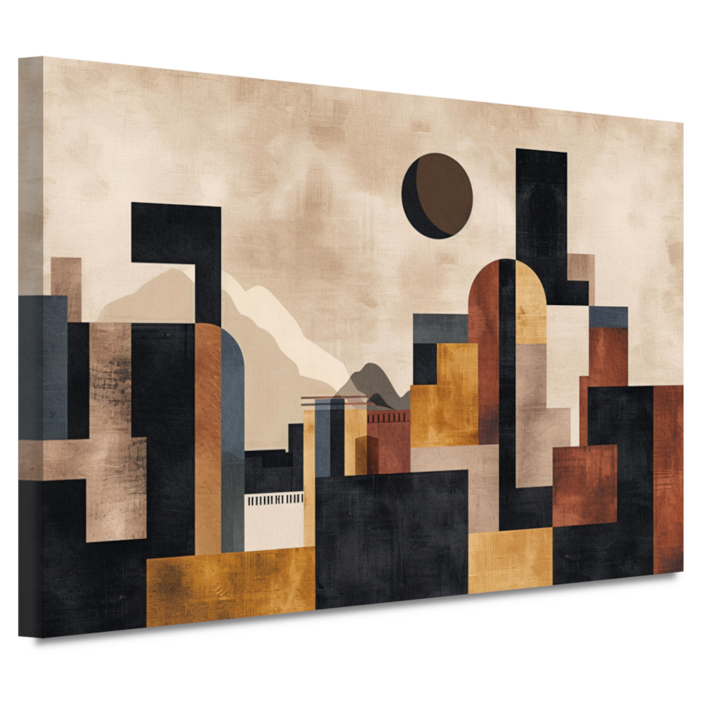 Geometrische Abstracte Skyline in Bruin en Goud canvas